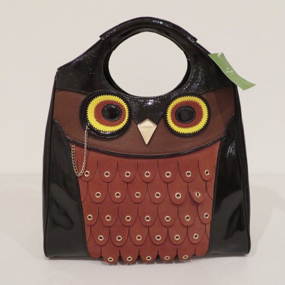 Women Handheld Brown Owl Patent Leather Suede Purse Bag Kate Spade Maximillian - Picture 1 of 16